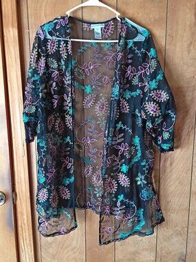 Catherines Women’s Plus size 0X Open Front Kimono Cardigan Mesh Sheer Floral